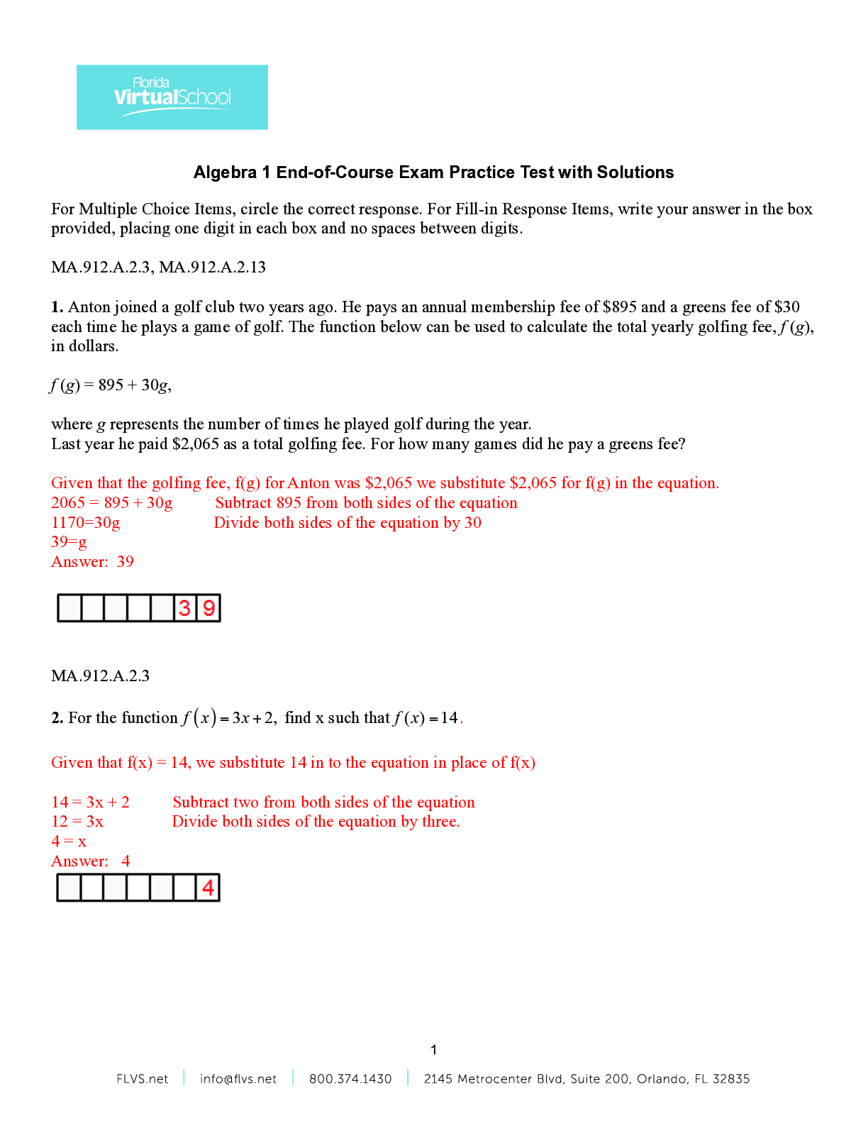 Preview image for final exam Algebra 1, Algebra 1 End-of-Course Exam Practice Test with Solutions, 60 smart questions